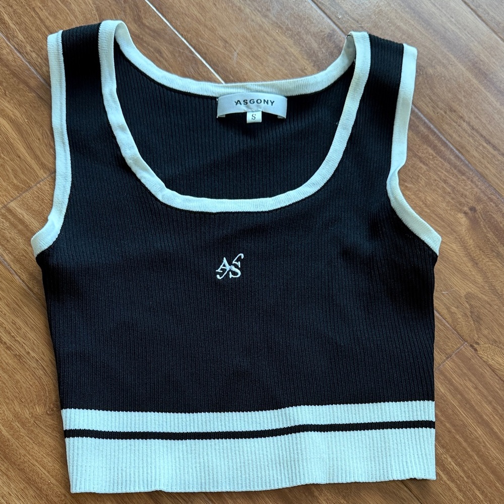 ASGONY Black Ribbed Knit Tank with Cream Trim